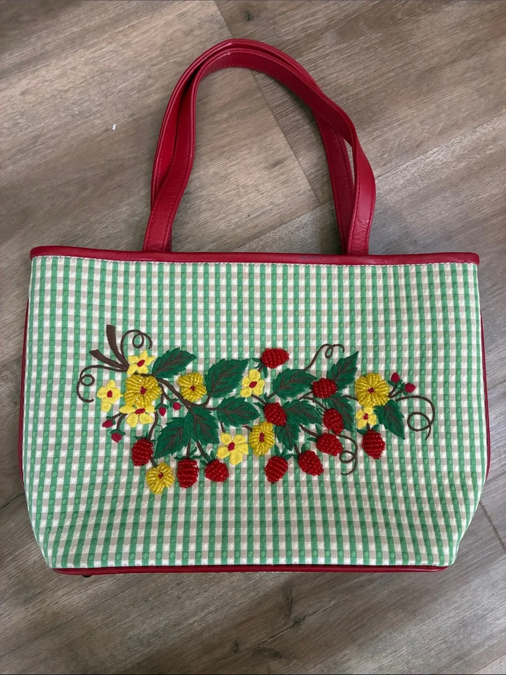 VINTAGE Isabella Fiore Red Leather&Green Gingham Bag w/ Floral&Fruit Embroidery